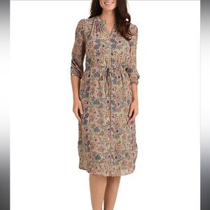 DR2 Floral Midi Shirt Dress Sage Green 3/4 Long Sleeve Size XS